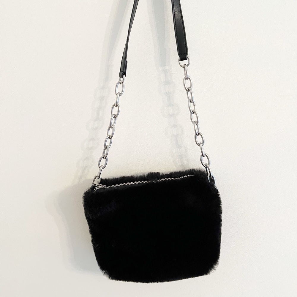 Brandy Melville black faux fur going out bag zip top chain and leather handle